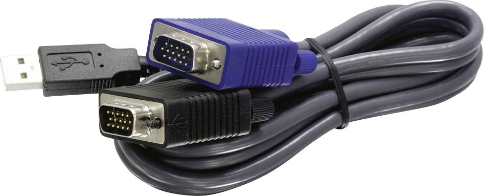 Stočený kabel s USB konektorem na jednom konci a dvěma VGA konektory na druhém konci, jeden modrý a jeden černý, používaný pro připojení zařízení.