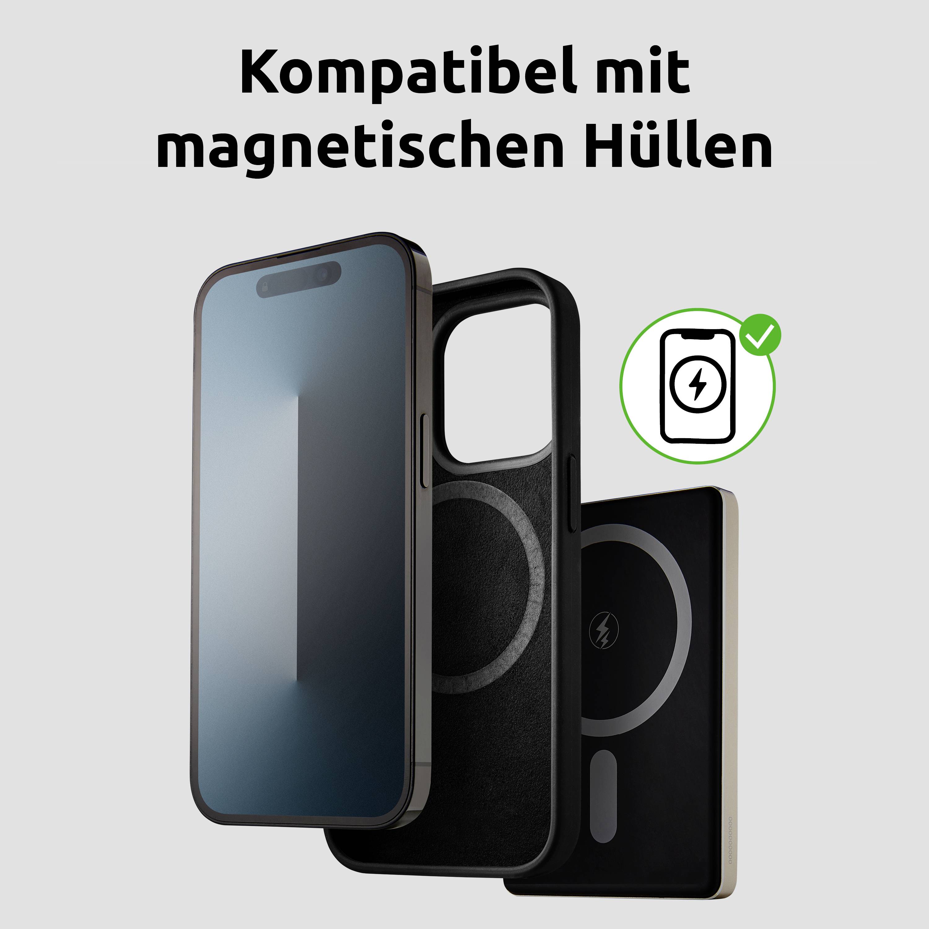 Smartphone s částečně odpojeným magnetickým krytem; text uvádí 'Kompatibel mit magnetischen Hüllen', což naznačuje kompatibilitu.