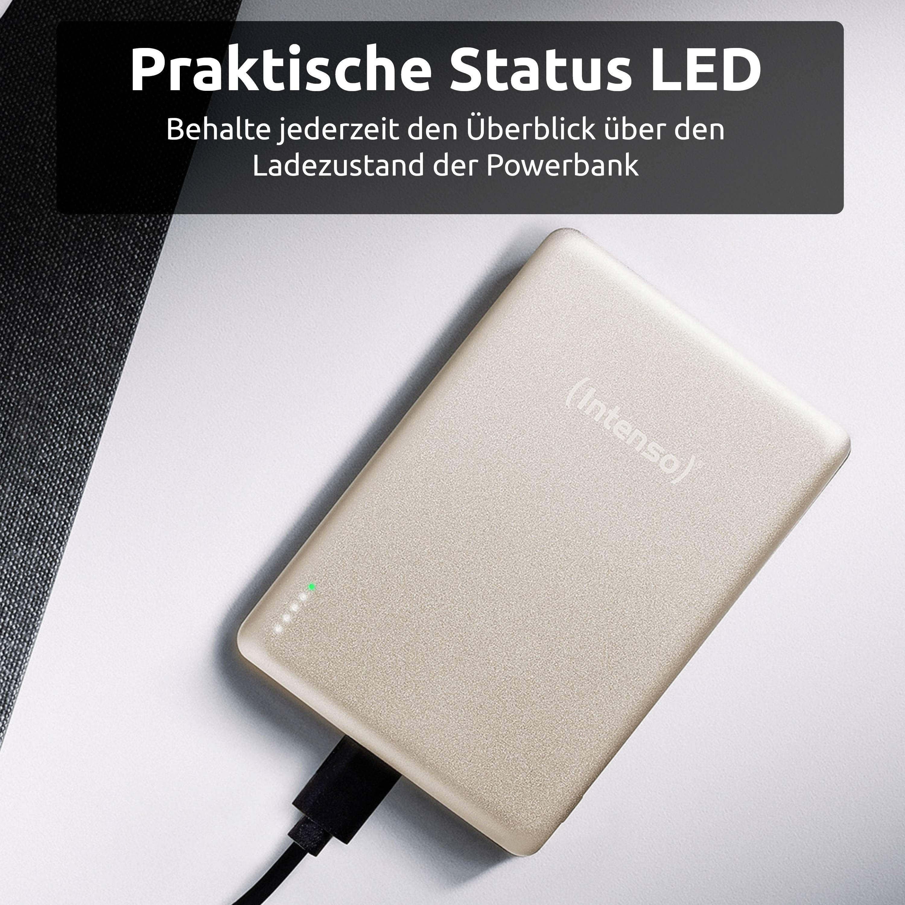 Elegantní powerbank 'Intenso' se zeleným LED indikátorem, který signalizuje plné nabití. Německý text zmiňuje praktický LED stavový ukazatel pro snadné sledování.