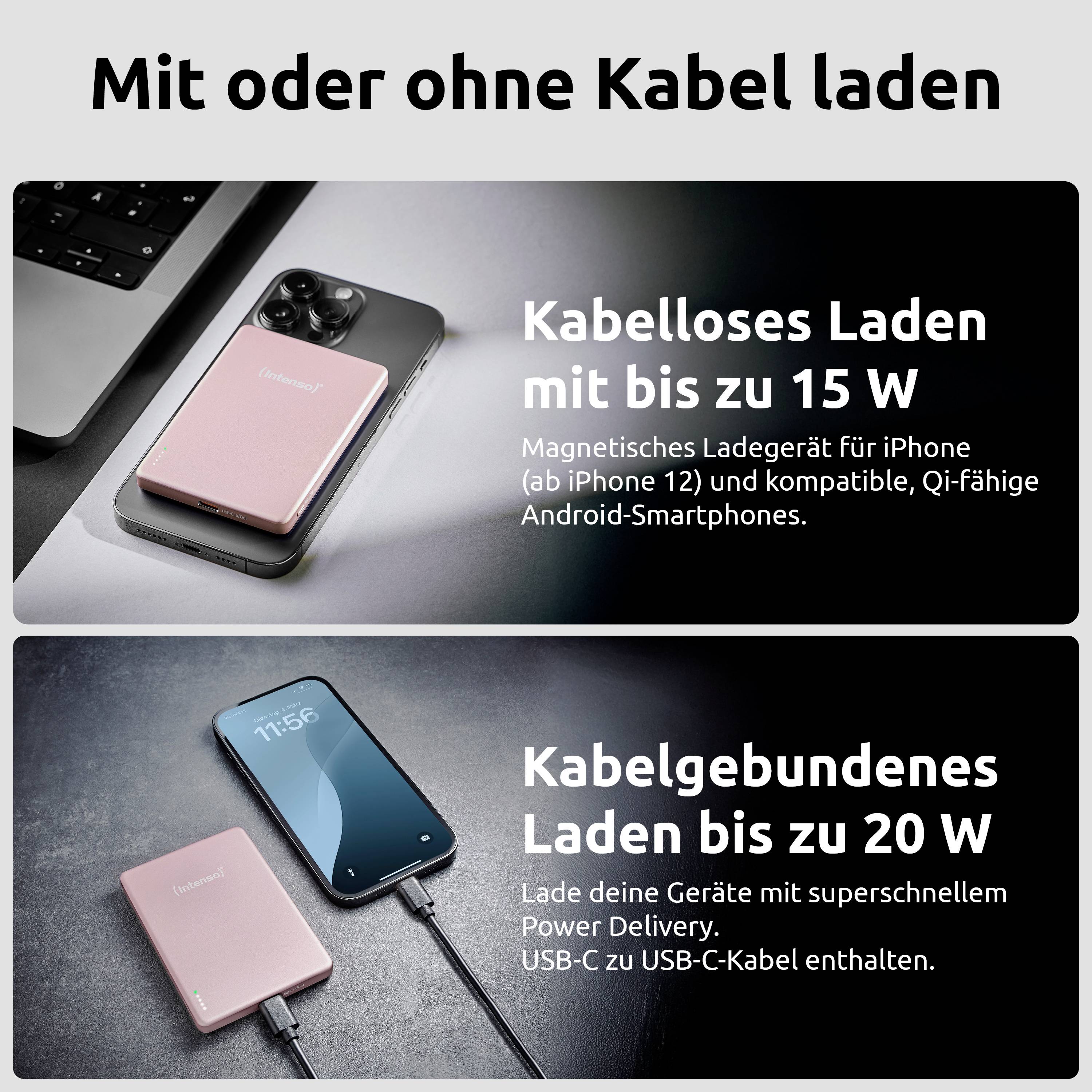 „Nabíjení s kabelem nebo bez něj" - Dva obrázky znázorňující způsoby nabíjení. Nahoře: bezdrátová nabíjecí stanice poblíž smartphonu. Dole: smartphone připojený k nabíječi pomocí kabelu USB-C.