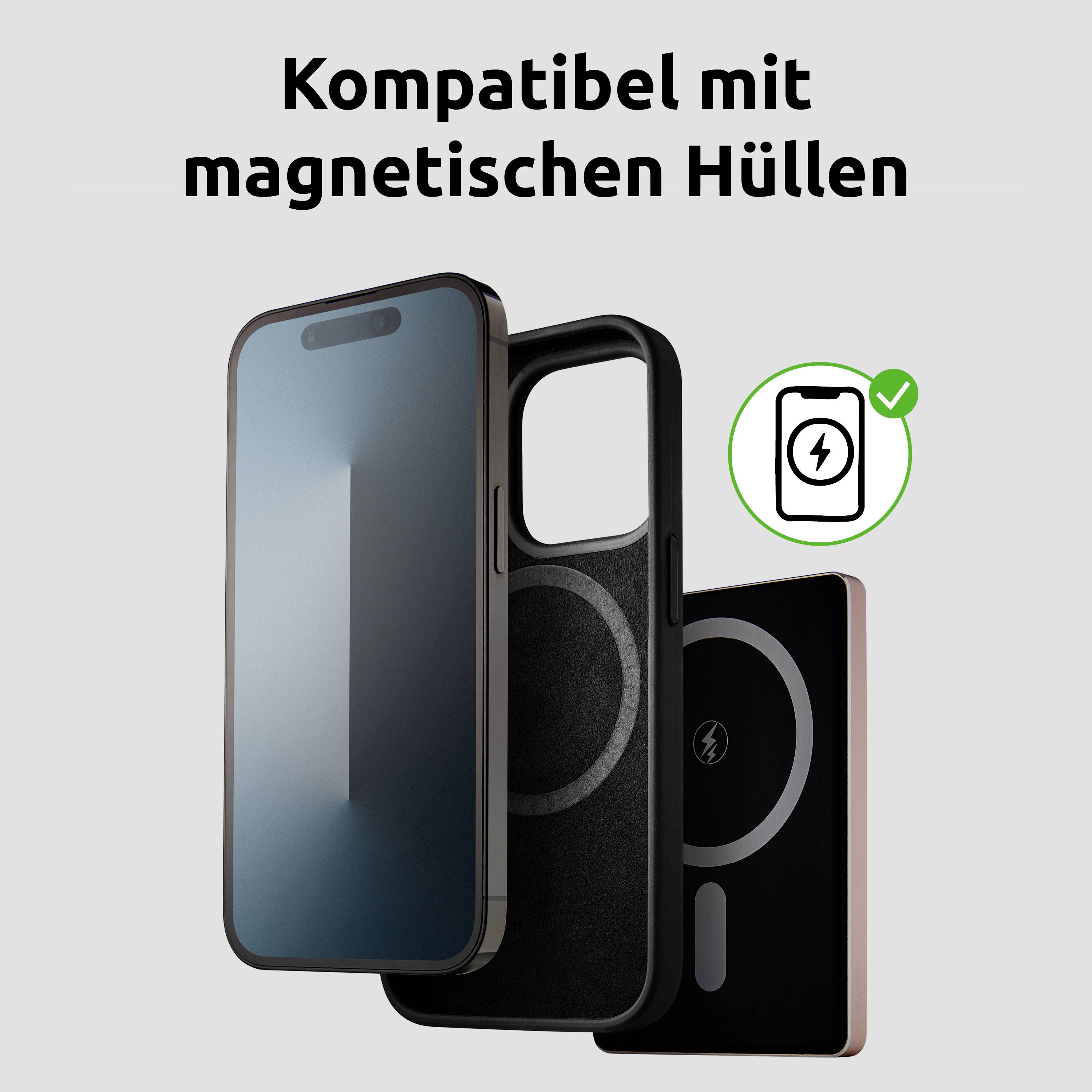 Smartphone s magnetickým pouzdrem, který zvýrazňuje kompatibilitu. Text uvádí: „Kompatibilní s magnetickými obaly"