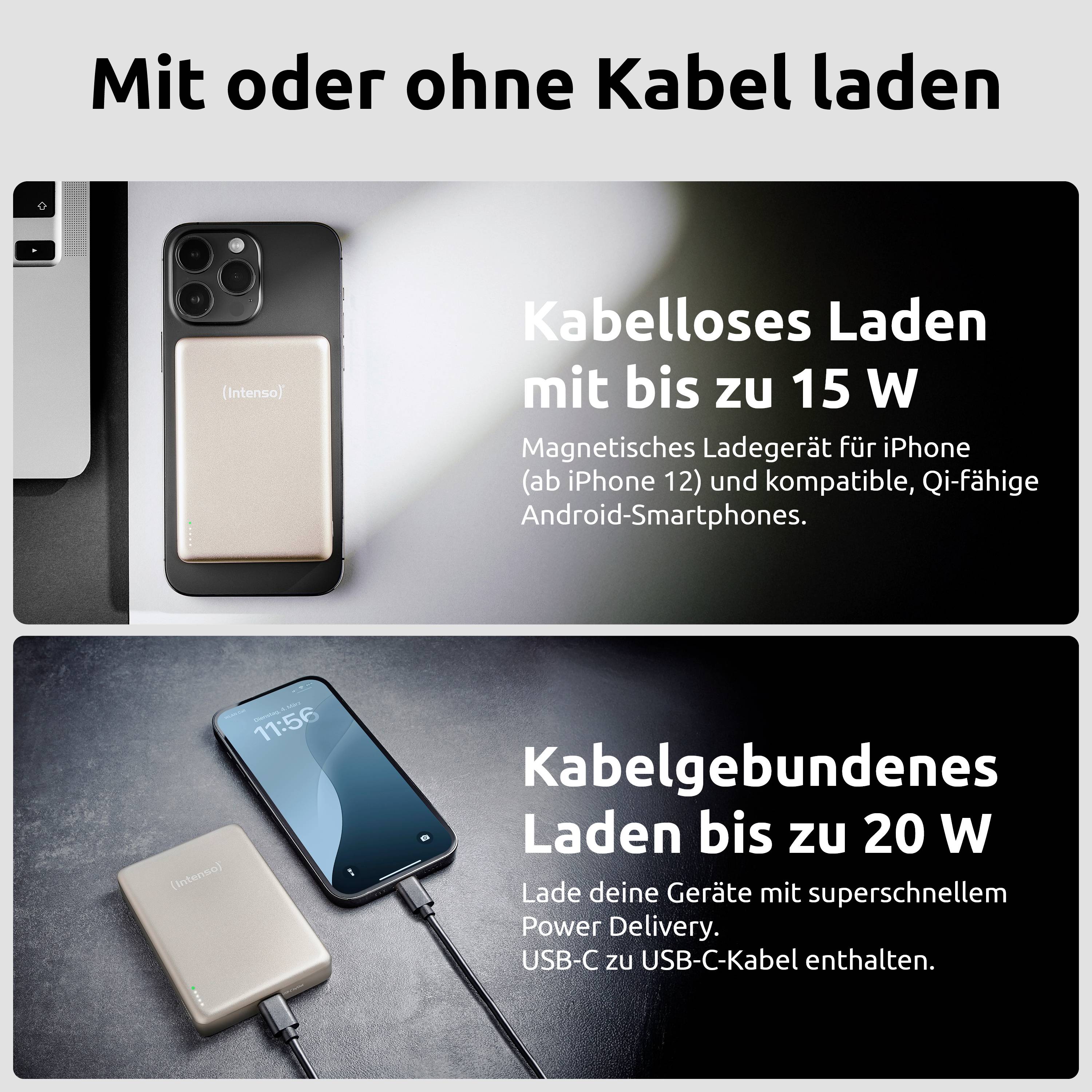 Bezdrátové nabíjení až 15 W - magnetická nabíječka pro iPhone a Android. Kabelové nabíjení až 20 W - kabel USB-C na USB-C.