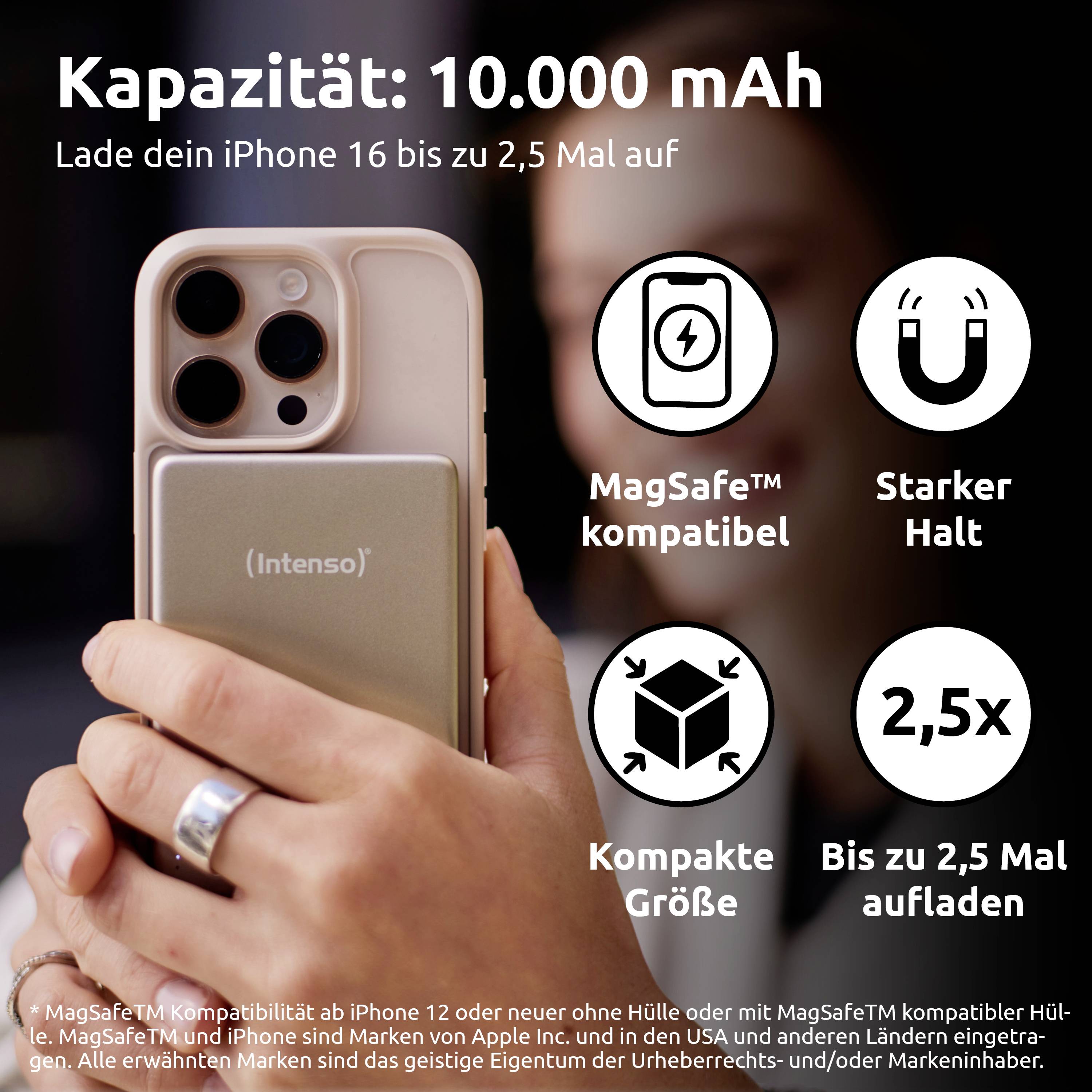 'Powerbanka na smartphone držená v ruce, kapacita 10 000 mAh. Vlastnosti: kompatibilní s MagSafe, silné uchycení, kompaktní velikost. Dobije iPhone 16 až 2,5krát.'