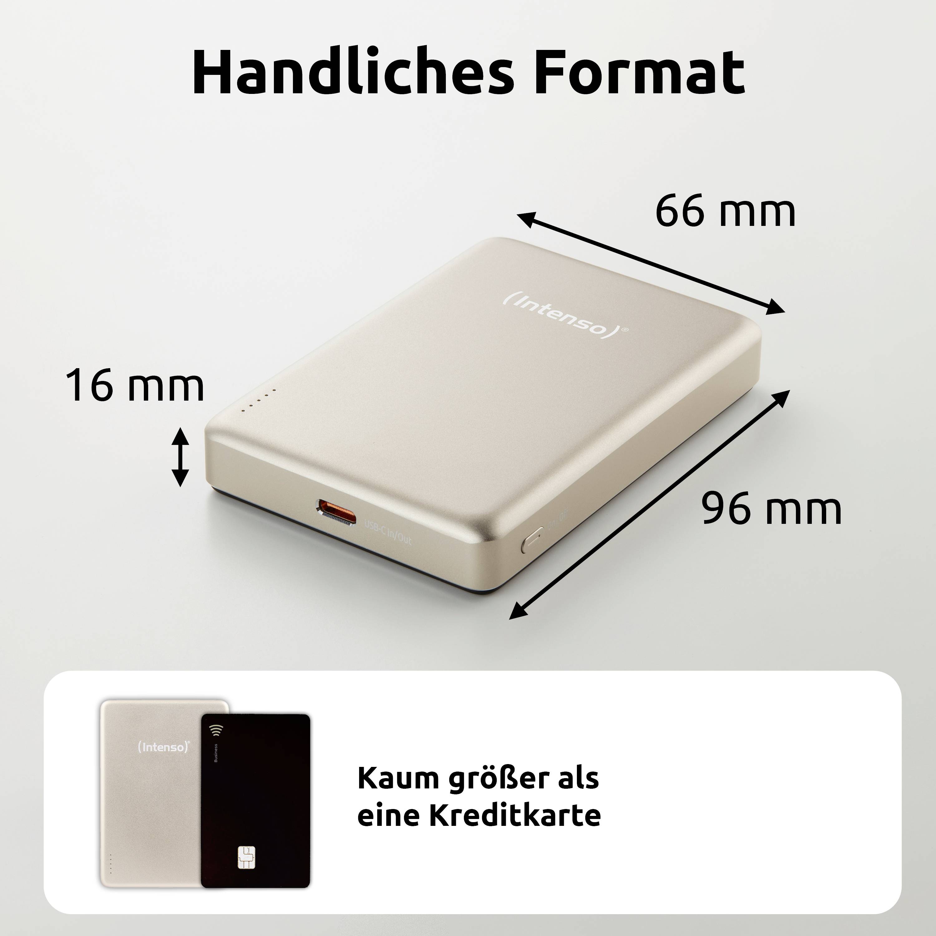 Přenosné zařízení 'Intenso' s rozměry 96 mm x 66 mm x 16 mm, srovnatelné s velikostí kreditní karty, s kompaktním designem pro snadnou manipulaci.