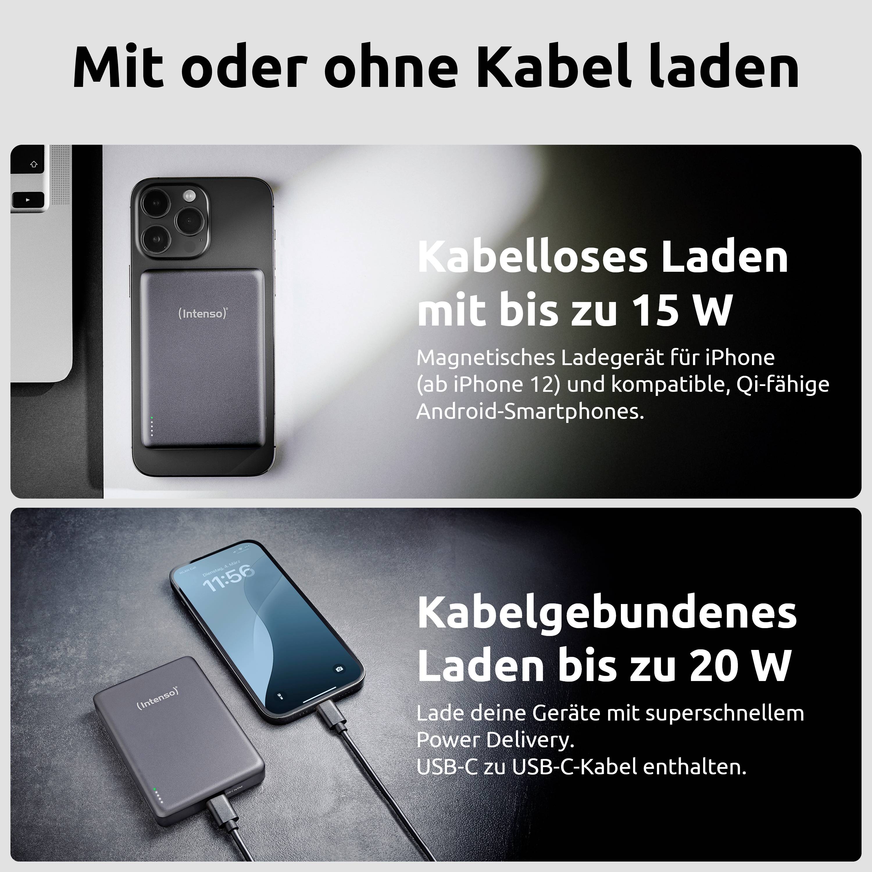 "Nabíjení s kabelem nebo bez něj"<br><br>Horní sekce: "Bezdrátové nabíjení až 15 W"<br>Spodní sekce: "Kabelové nabíjení až 20 W"