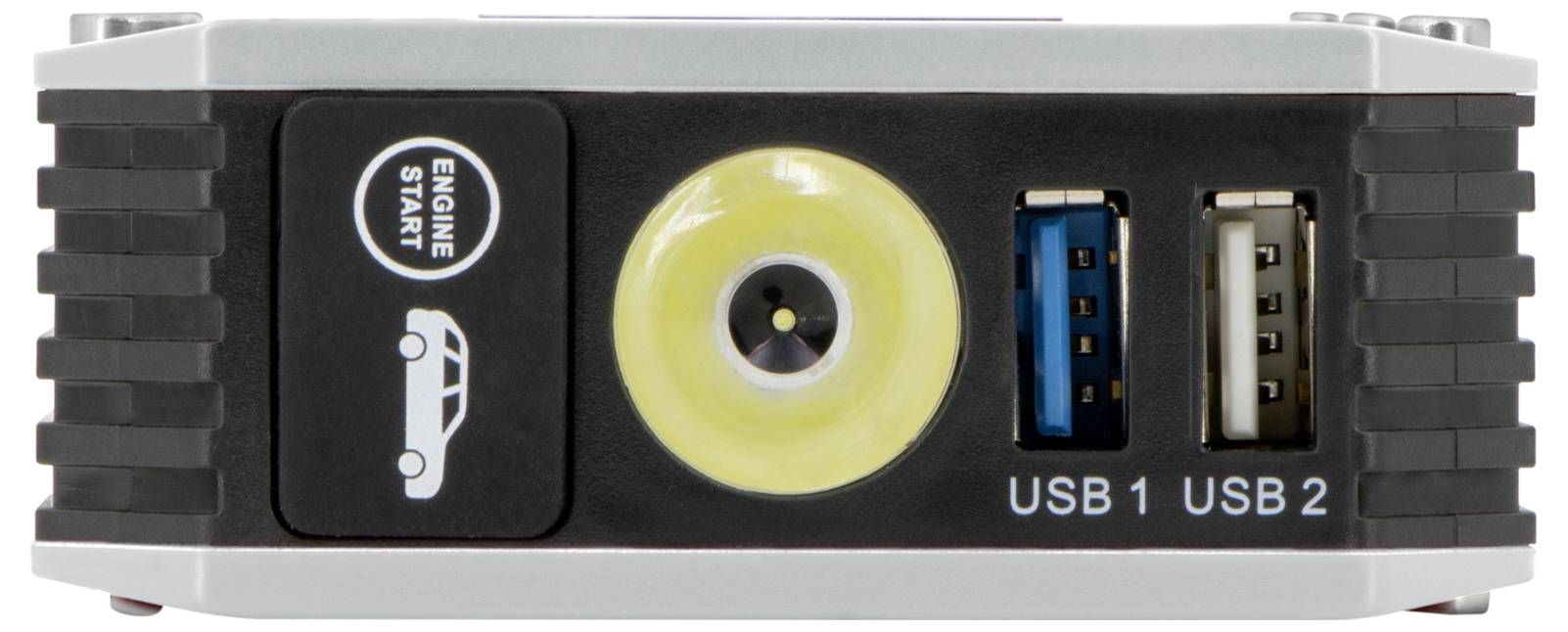 Detailní záběr startéru autobaterie s tlačítkem 'Start motoru', dvěma USB porty označenými 'USB 1' a 'USB 2' a nabíjecím portem.