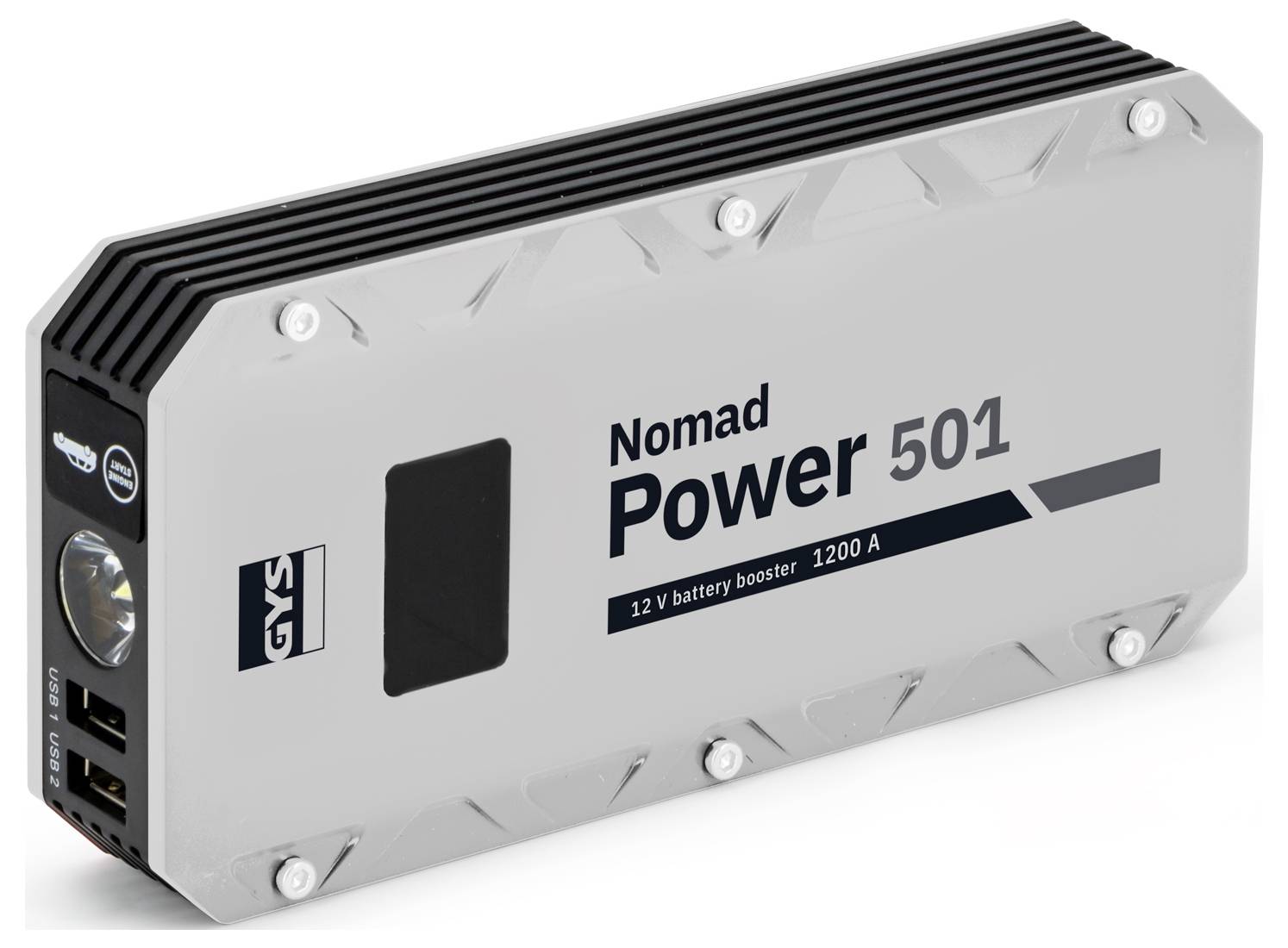 Přenosný startovací zdroj značky 'Nomad Power 501' s šedým tělem, integrovanou svítilnou a USB porty, určený pro startování automobilových baterií.