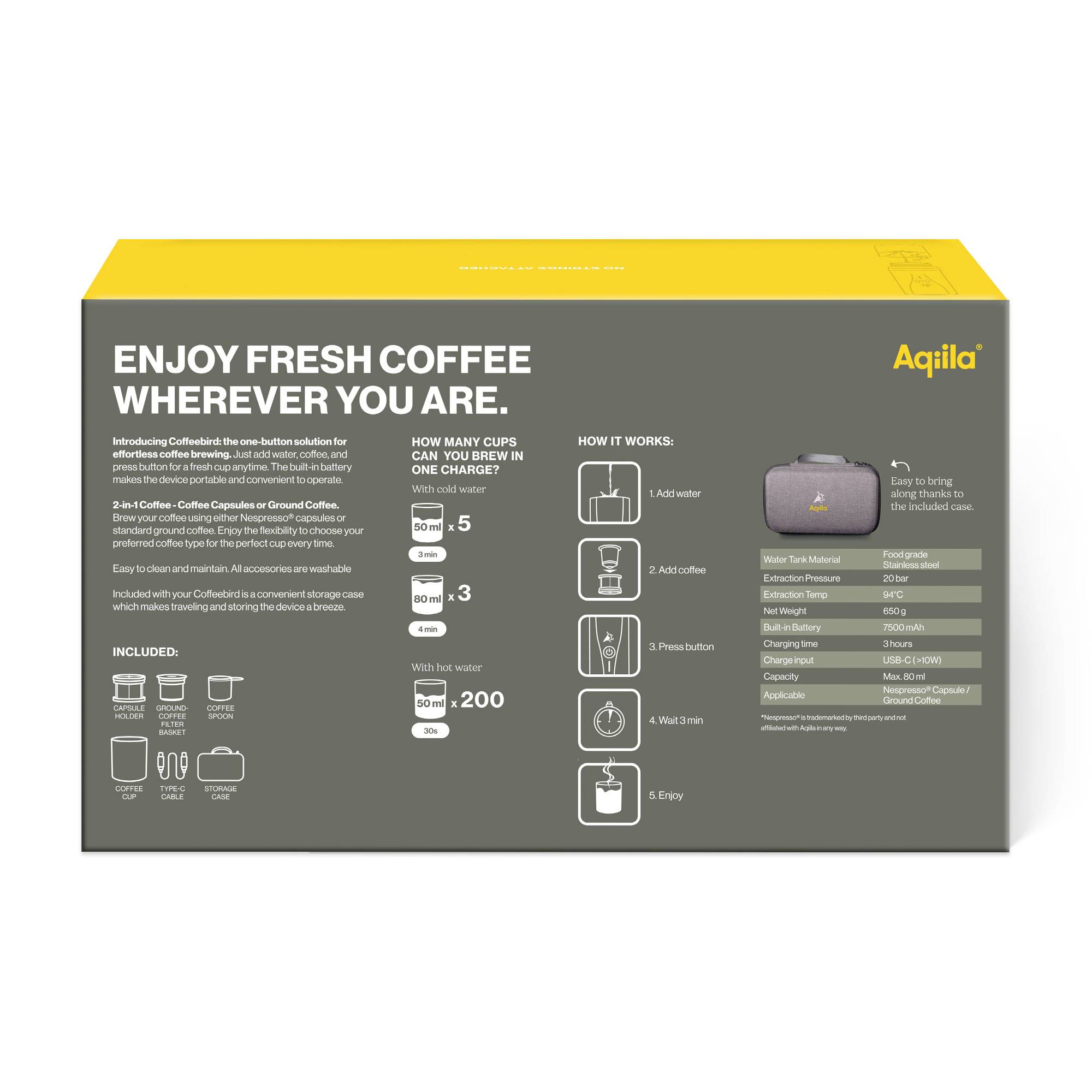 Aqiila Coffeebird Portable espresso machine kávovar černá připraví šálků najednou=5 pro cestování / přenosné-15