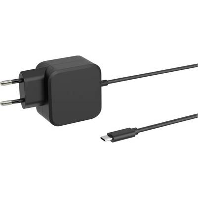 Černá nástěnná nabíječka se dvěma kulatými kolíky připojená k USB-C kabelu, umístěná na jednoduchém bílém pozadí.