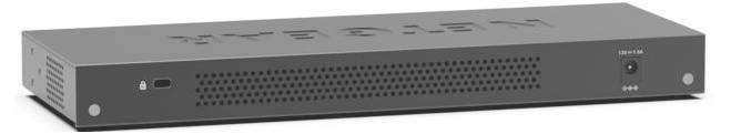 Síťový přepínač s nápisem 'NETGEAR' nahoře. Přední panel obsahuje větrací otvory, USB port vlevo a vypínač napájení vpravo.