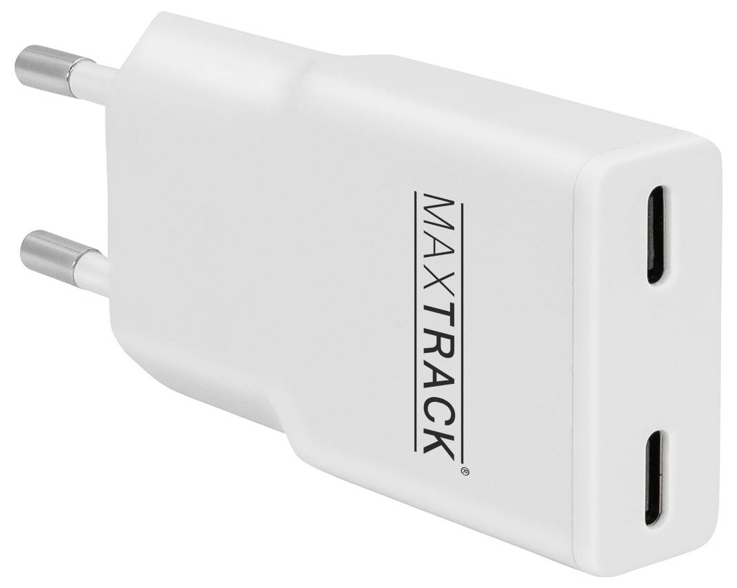 Bílá duální USB-C nástěnná nabíječka označená „MAXTRACK", vybavená dvěma evropskými zástrčkami, vhodná pro nabíjení elektronických zařízení.