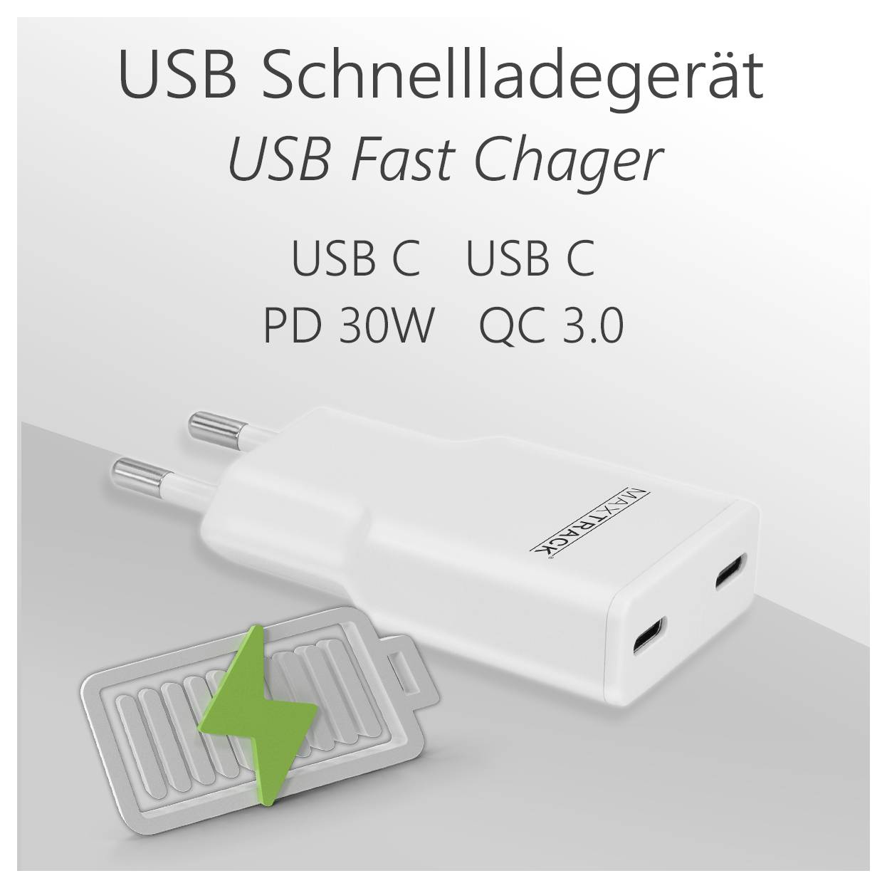 Bílá USB rychlonabíječka se dvěma USB-C porty, podporující PD 30W a QC 3.0, zobrazená s napájecí zástrčkou a zelenou ikonou napájení v překryvu.