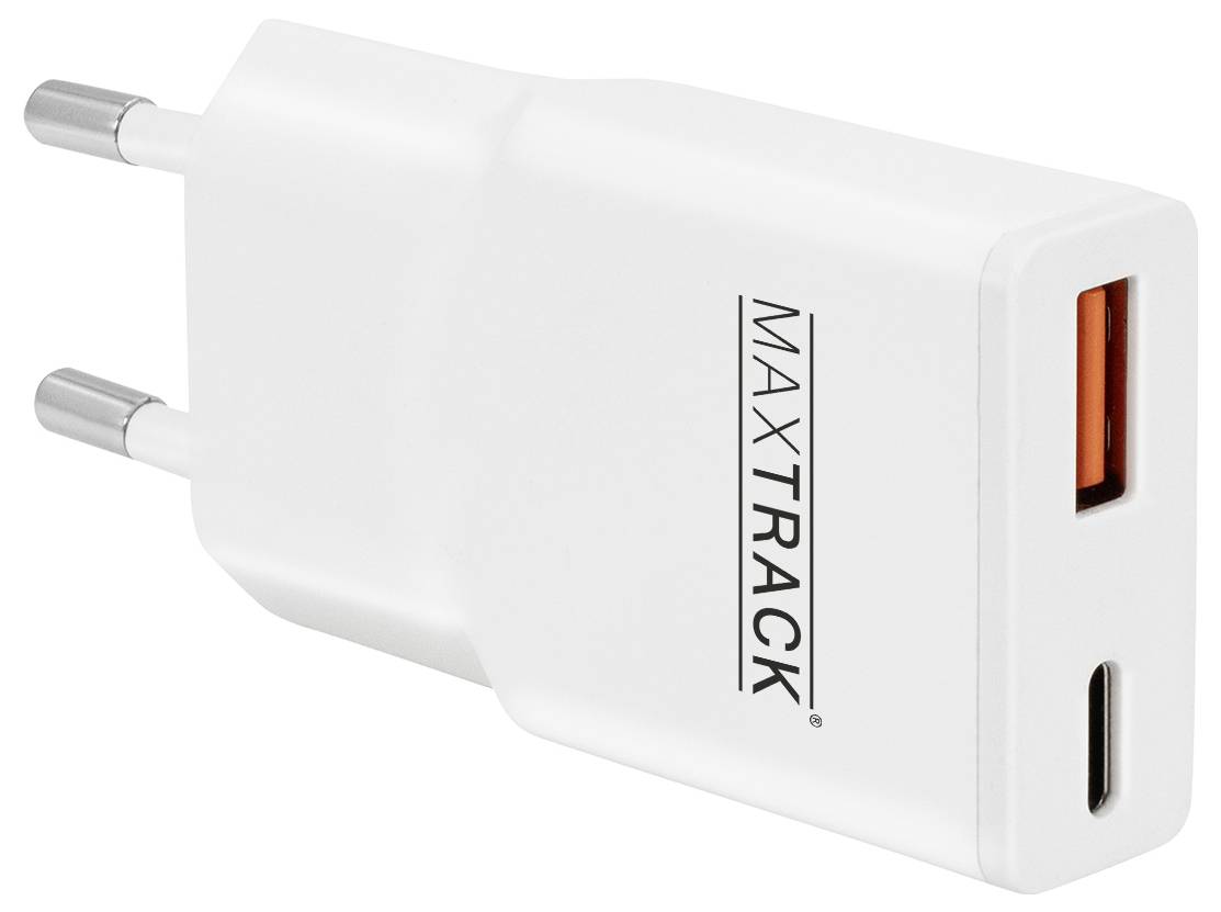 Bílá nástěnná nabíječka se dvěma zástrčkovými kolíky, která má USB port a na boku vytištěný název značky 'MAXTRACK'.