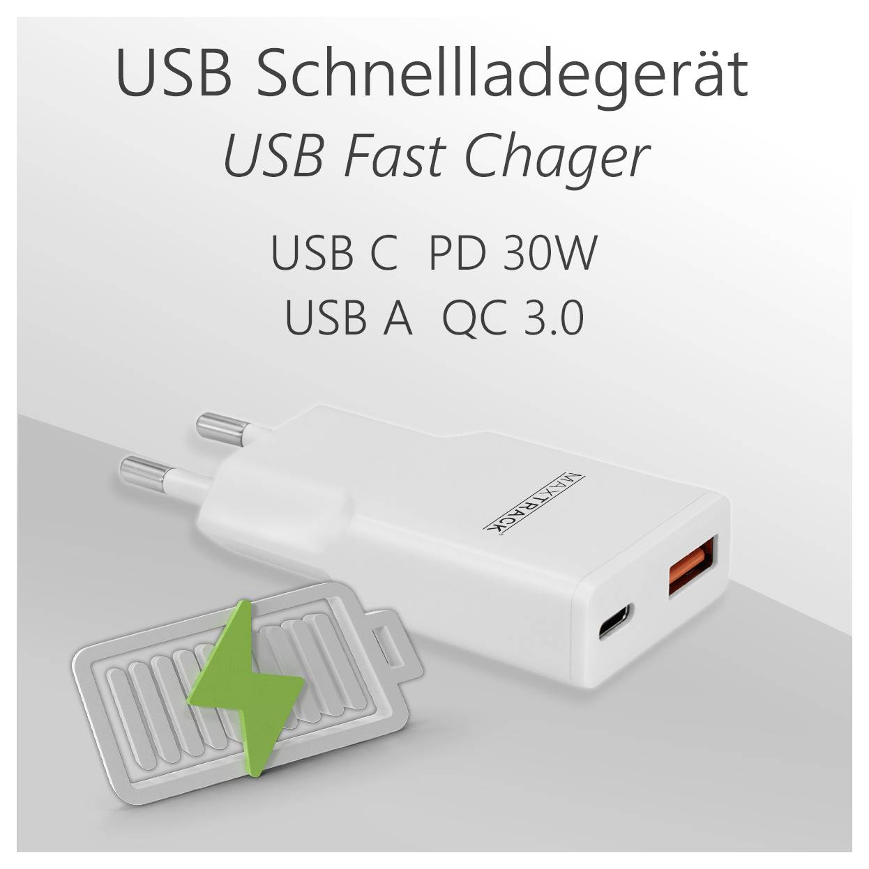 Obrázek USB rychlonabíječe s porty 'USB C PD 30W' a 'USB A QC 3.0', zdůrazňující možnosti rychlého nabíjení.