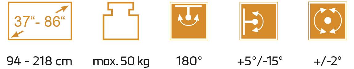 Specifikace: velikost obrazovky '37" - 86"' nebo '94 - 218 cm'; hmotnostní limit 'max. 50 kg'; rotace '180°'; náklon '+5°/-15°'; vyrovnání '+/-2°'.