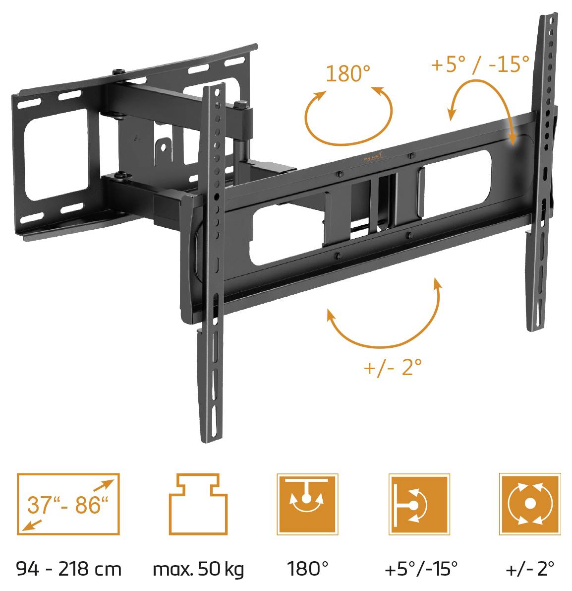 Nástěnný držák pro TV s úhlopříčkou 37"-86", podporuje otočení o 180°, náklon +5°/-15°, rotaci ±2°. Maximální hmotnost 50 kg. Vysunutí 94-218 cm.
