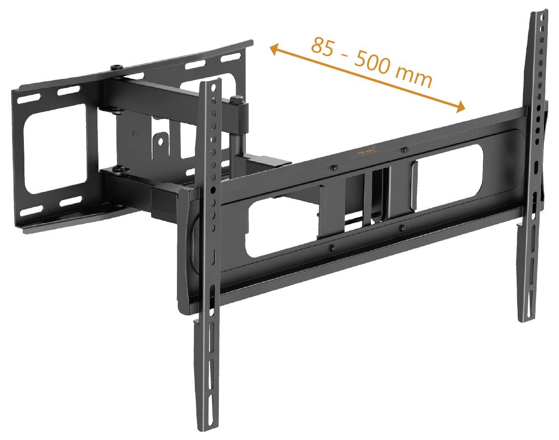 Nastavitelný nástěnný držák s ramenem vysunutelným od 85 do 500 mm pro televize nebo monitory; disponuje několika montážními body.