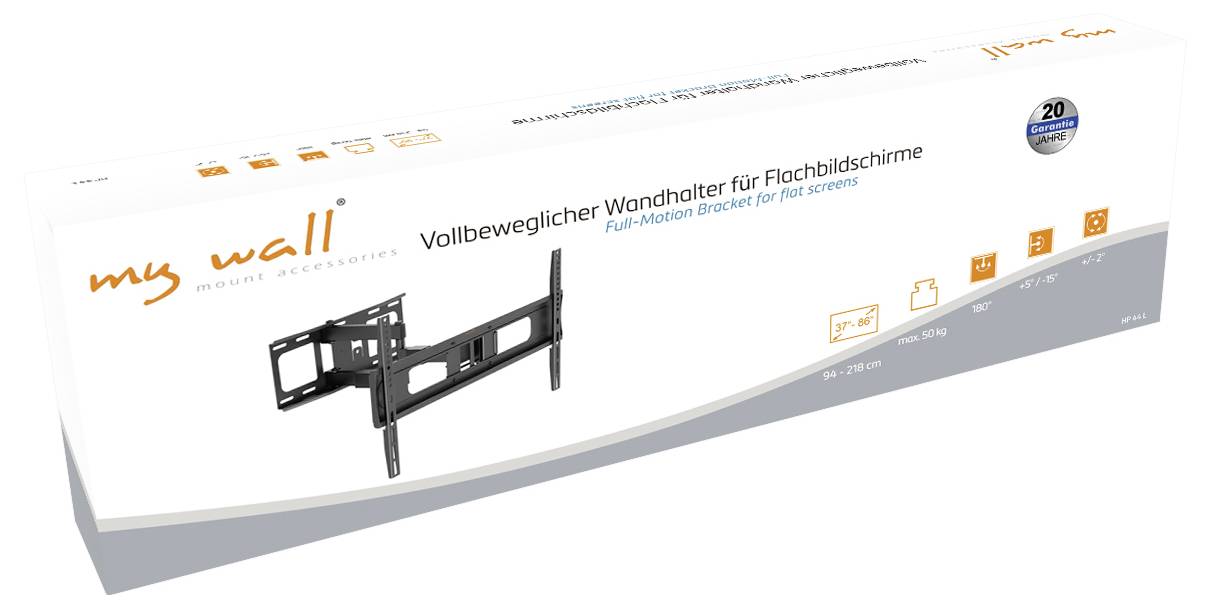 Nástěnný držák TV "Moje stěna" s plně pohyblivým zavěšením pro ploché obrazovky, ilustrovaný ikonami zobrazujícími specifikace, jako je rozsah velikostí, maximální hmotnost a možnosti otáčení.