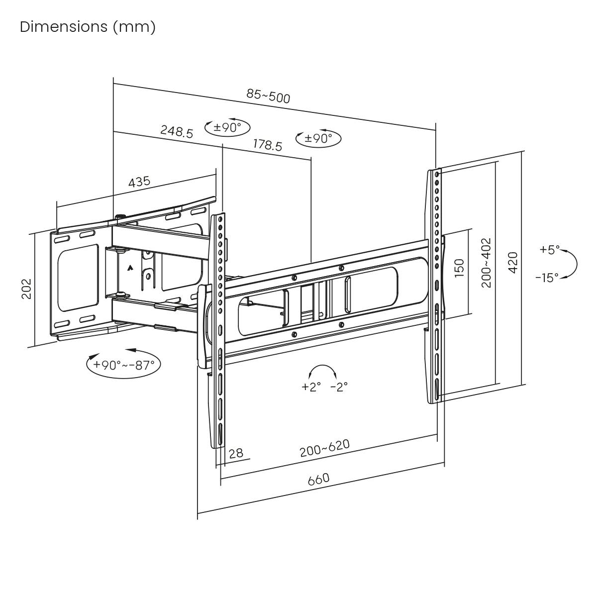 Diagram držáku TV na zeď s nastavitelnými úhly a rozměry v milimetrech: šířka 660, výška 435 a hloubka 85-500, znázorňující úhly náklonu a otáčení.