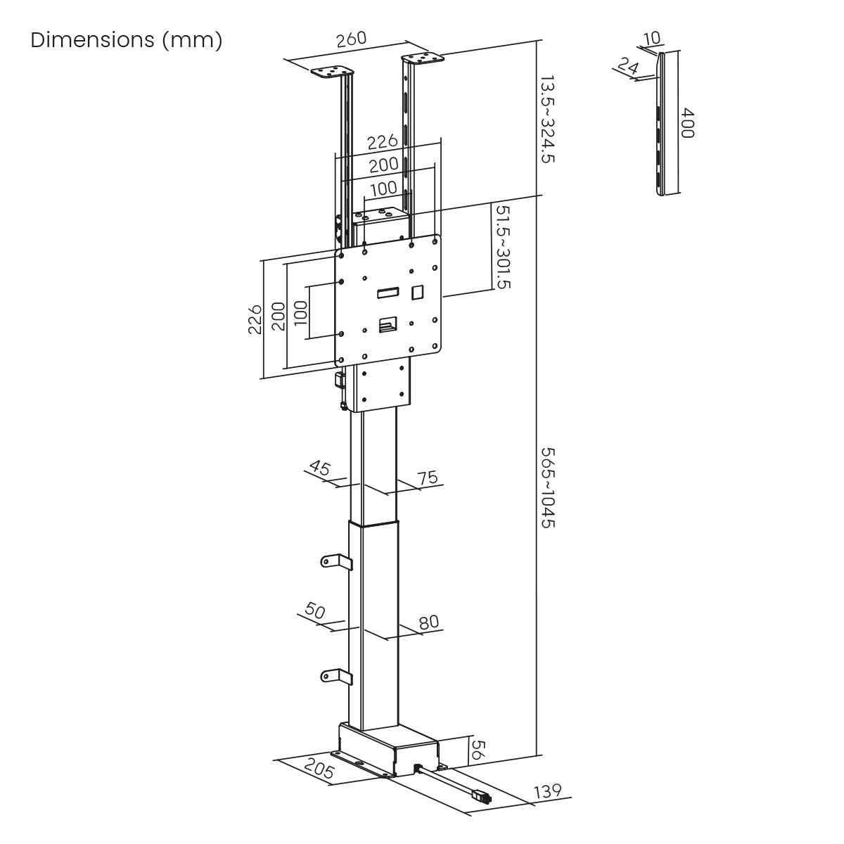 Diagram nástěnného držáku TV s podrobnými rozměry v milimetrech, zobrazující výšku, šířku a hloubku.
