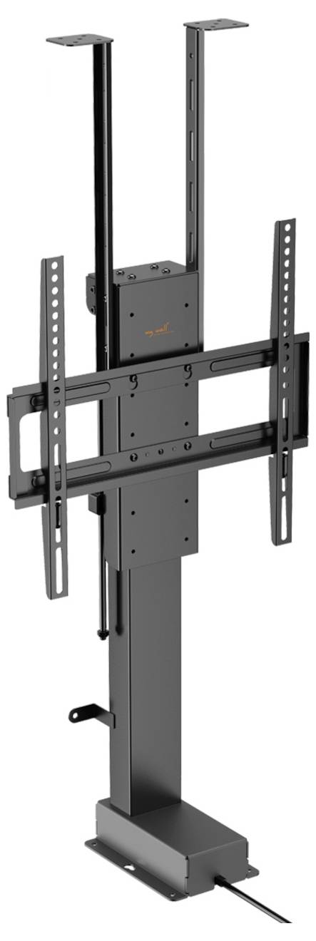 Černý nastavitelný TV držák s vertikálními lištami a pevnou základnou určený pro montáž na strop, vhodný pro velké ploché obrazovky.