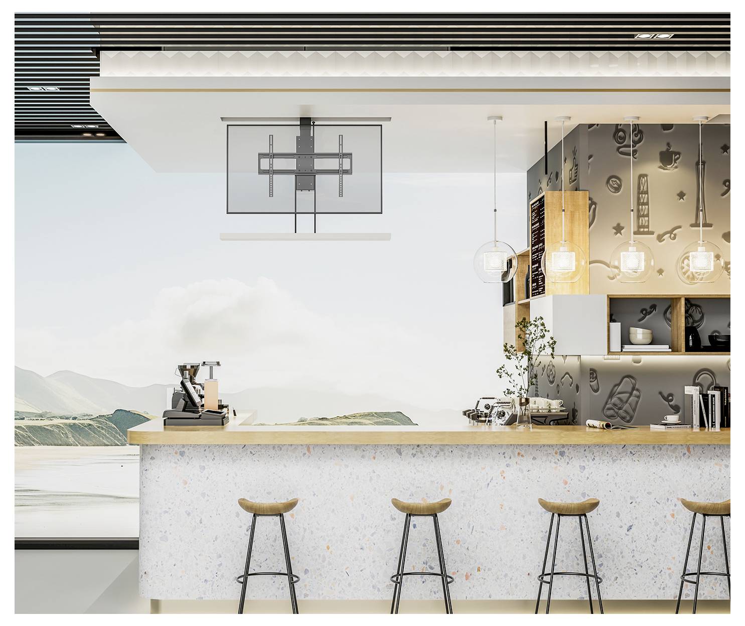 Moderní kuchyň s elegantním barným pultem, třemi dřevěnými stoličkami, závěsnými světly a dekorativní nástěnnou malbou, s výhledem na malebnou horskou scenérii.