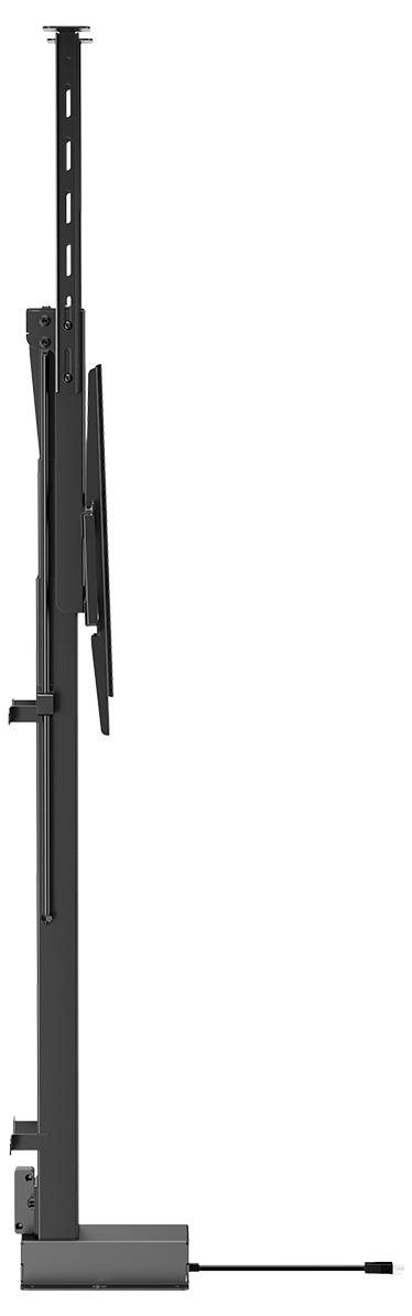 Boční pohled na plochý televizor namontovaný na nastavitelném stojanu, který ukazuje štíhlý profil a kabelové připojení u základny.