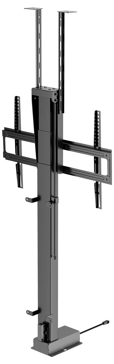 Černý nastavitelný stojan na TV s vertikálními a horizontálními držáky, vhodný pro upevnění plochých obrazovek.