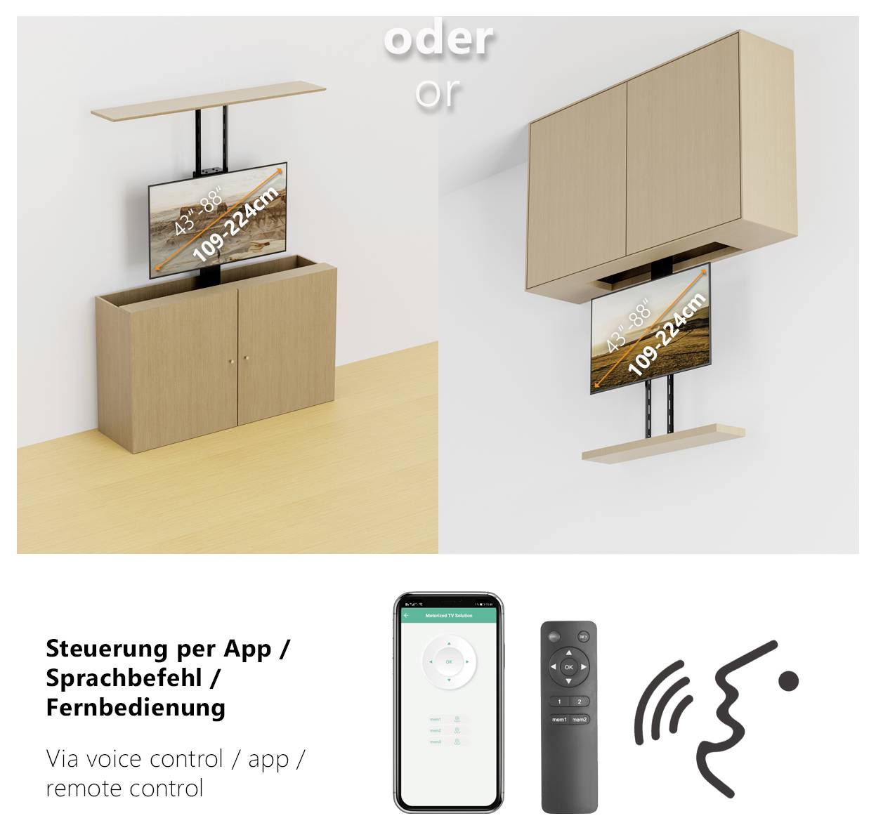 TV s nastavitelnou výškou mezi 109-224 cm s možností umístění do skříně nebo uchycení na strop. Ovládání pomocí aplikace, hlasových příkazů nebo dálkového ovladače.