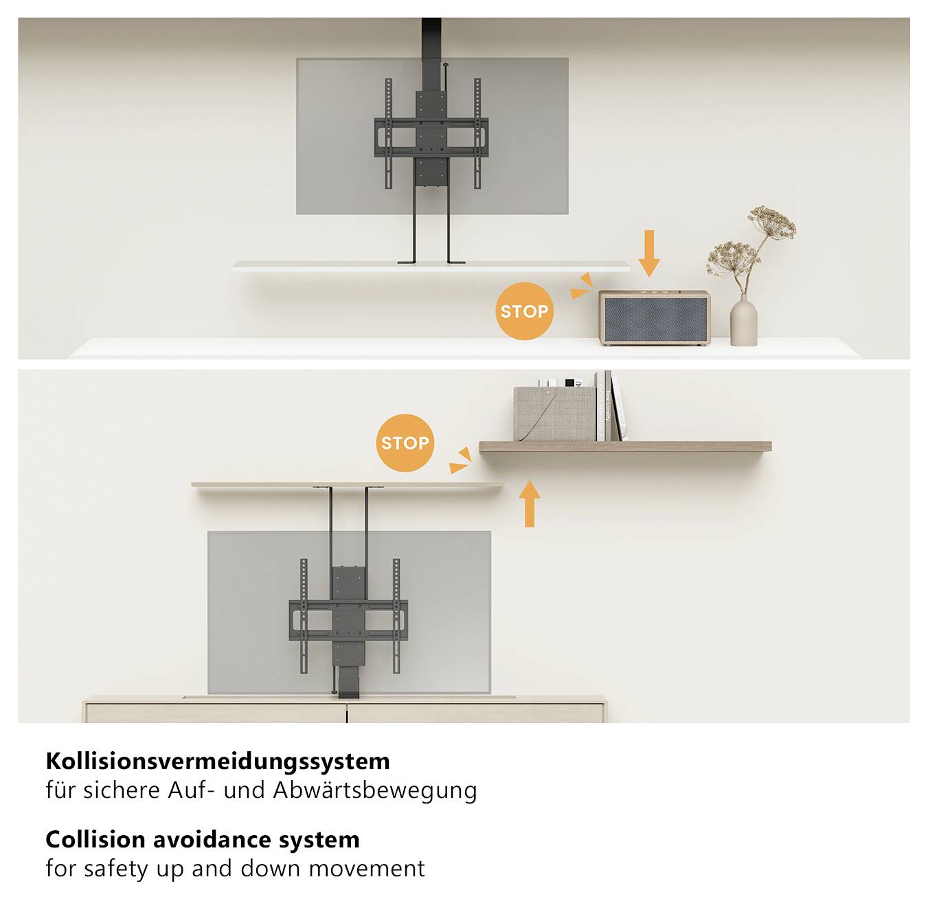 "Systém vyhýbání se kolizím pro bezpečný pohyb nahoru a dolů." Ilustrace zobrazuje televizor umístěný za policí, s využitím výstražných značek stop.