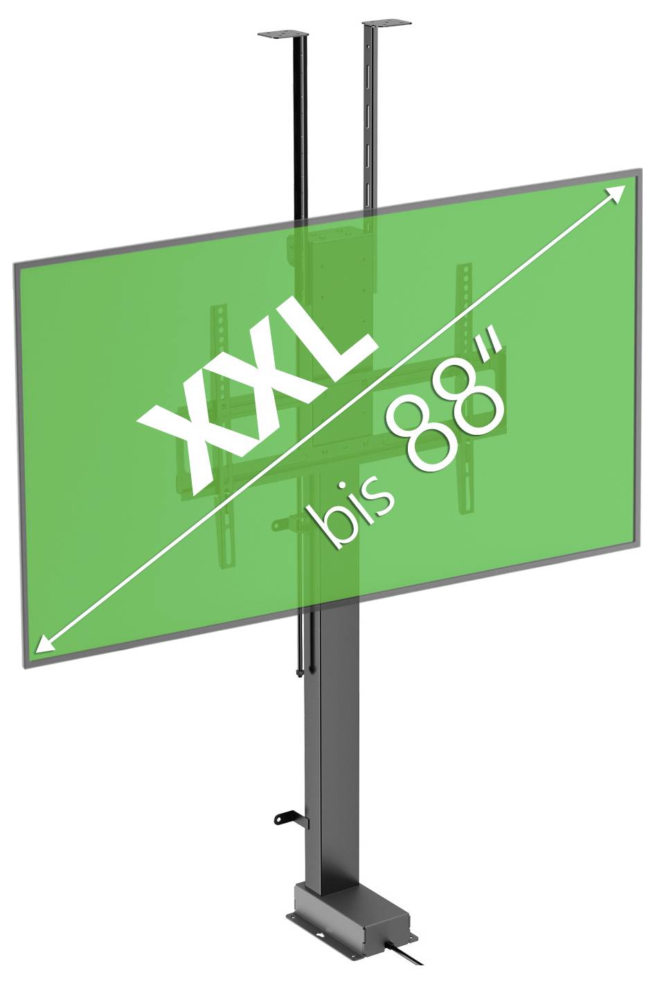 TV stojan se zeleným pozadím zobrazujícím 'XXL až 88"'. Vhodný pro velké obrazovky až do 88 palců.