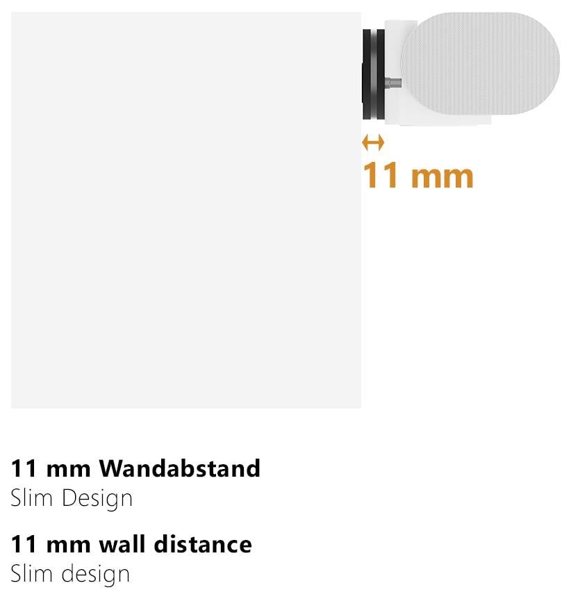 Obrázek ukazující boční pohled na nástěnný držák reproduktoru, který zdůrazňuje štíhlý design s 11mm vzdáleností od stěny.