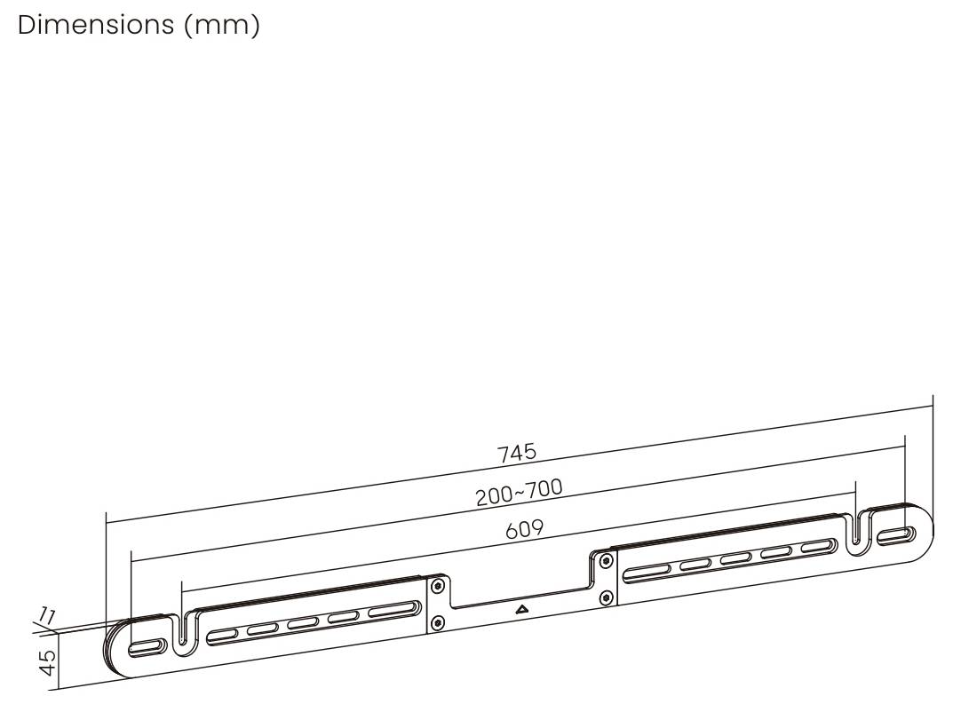 Diagram vodorovného konzolového ramene s rozměry: celková délka 745 mm, nastavitelný rozsah 200-700 mm, šířka 45 mm.