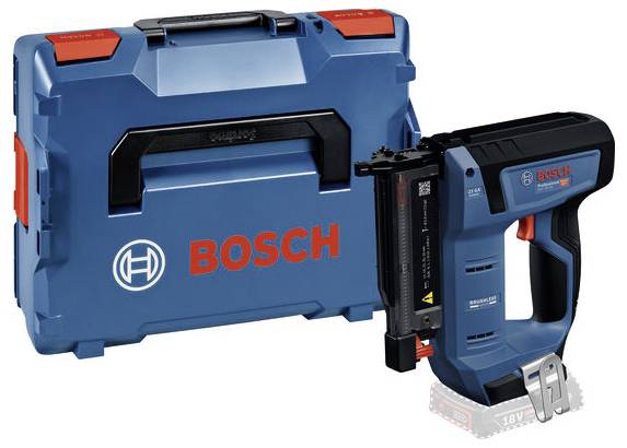 Je zobrazen modrý a černý hřebíkovací přístroj Bosch s přepravním kufříkem. Nástroj je napájený baterií, což zdůrazňuje jeho přenosnost a efektivitu.