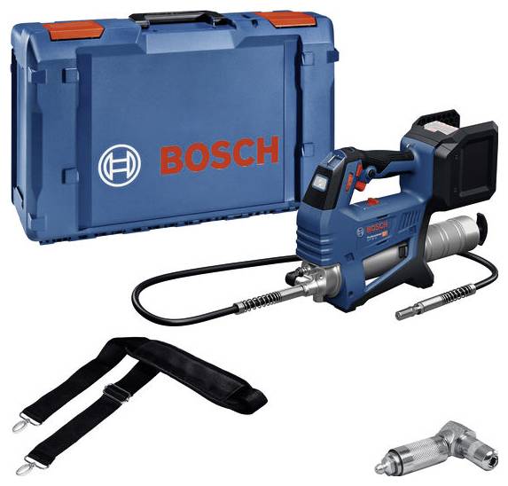 Modrá sada elektrického nářadí Bosch s mazací pistolí, kufříkem, ramenním popruhem a nástavcem trysky, vhodná pro údržbářské práce.