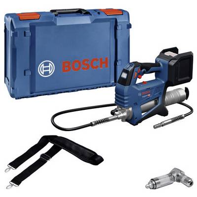 Modrá sada elektrického nářadí Bosch s mazací pistolí, kufříkem, ramenním popruhem a nástavcem trysky, vhodná pro údržbářské práce.