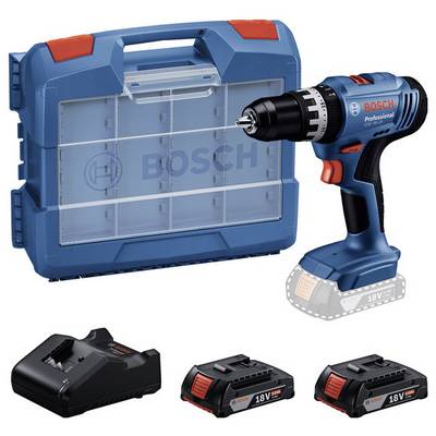 Modrá a černá bezdrátová vrtačka značky Bosch Professional s přepravním kufříkem, nabíječkou a dvěma 18V bateriemi.