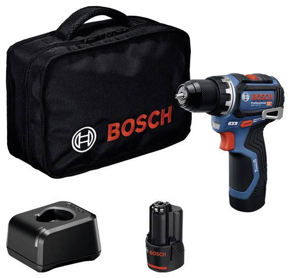 Sada bezdrátové vrtačky v tašce značky Bosch, včetně nabíječky, baterie a modro-černé vrtačky s červenými akcenty. Logo Bosch je viditelné na všech položkách.