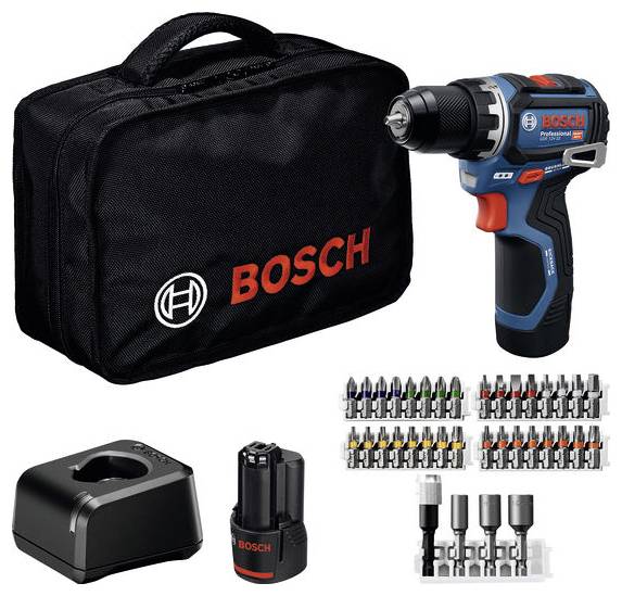 Sada bezšňůrové vrtačky Bosch s kufříkem, nabíječkou, baterií a sadou různých vrtáků, která představuje kompletní sadu nástrojů pro vrtací práce.