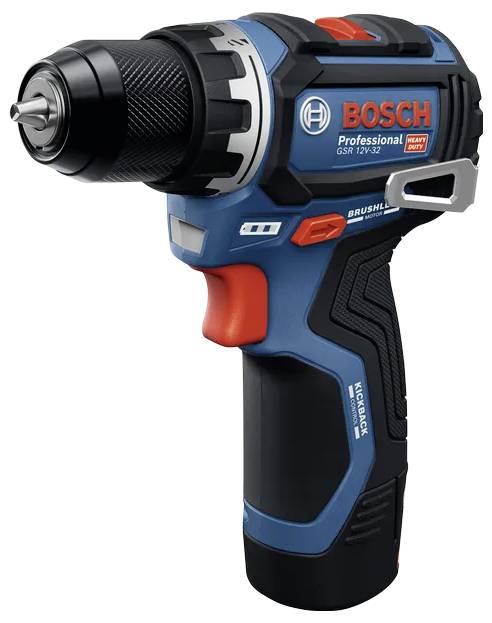 Modrá a černá profesionální bezšnůrová vrtačka Bosch s kovovou sklíčidlem a gumovým úchopem, označená "Brushless" a "Heavy Duty".
