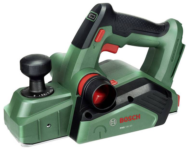 Zeleno-černý elektrický ruční hoblík Bosch s červeným nastavovacím knoflíkem a ergonomickou rukojetí, používaný pro vyhlazování dřevěných povrchů.