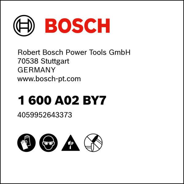 'BOSCH' logo. Kontaktní údaje: Robert Bosch Power Tools GmbH, Stuttgart, Německo, webové stránky. Kód: 1 600 A02 BY7, 4059952643373. Bezpečnostní ikony.