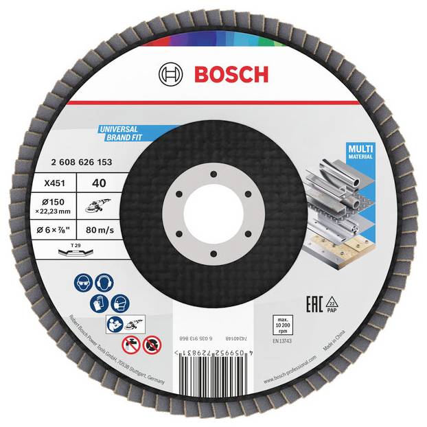 Řezný kotouč Bosch označený 'Universal Brand Fit' pro víceúčelové použití, s parametry: průměr 150 mm, zrnitost 40.