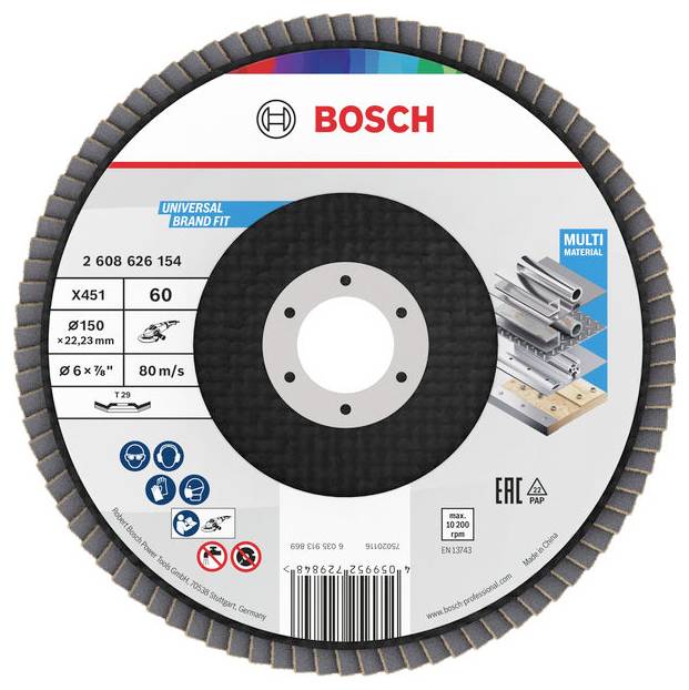 Univerzální řezný kotouč Bosch pro víceúčelové materiály, průměr 150 mm, zrnitost 60, maximální rychlost 80 m/s. Součástí jsou bezpečnostní ikony a kód produktu 2 608 626 154.