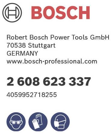 'BOSCH' logo s kontaktními údaji: Robert Bosch Power Tools GmbH, Stuttgart, Německo, www.bosch-professional.com, plus telefonní číslo a bezpečnostní ikony.
