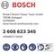 Obrázek zobrazuje firemní značku 'Bosch' s adresou: Robert Bosch Power Tools GmbH, Stuttgart, Německo, a kontaktním číslem 2 608 623 345. Bezpečnostní ikony znázorňují: ochranné brýle, chrániče sluchu, rukavice, masku a brusku.