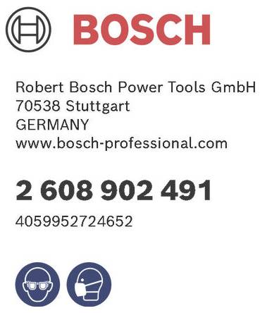 'BOSCH' logo s kontaktními údaji: 'Robert Bosch Power Tools GmbH, 70538 Stuttgart, Německo, www.bosch-professional.com', plus telefonní číslo a bezpečnostní ikony pro ochranu očí a obličeje.