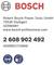 'BOSCH' logo s kontaktními údaji společnosti Robert Bosch Power Tools GmbH ve Stuttgartu, Německo. Obsahuje telefonní číslo a webové stránky. Zobrazeny bezpečnostní ikony.