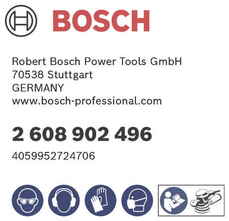 Logo Bosch s kontaktními údaji pro Robert Bosch Power Tools GmbH, Německo. Ikony znázorňují bezpečnostní vybavení včetně helmy, rukavic, masky a ochrany sluchu.