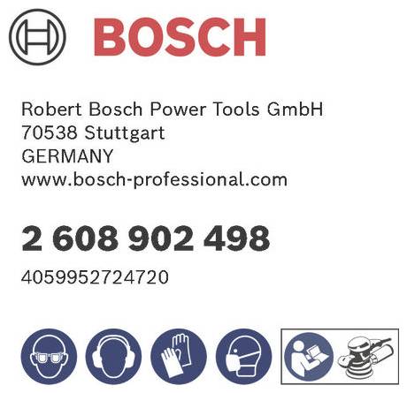 Logo 'BOSCH'<br><br>Kontaktní informace:<br>Robert Bosch Power Tools GmbH<br>70745 Leinfelden-Echterdingen<br>Německo<br><br>Sériové číslo: 2 608 902 498<br><br>⚠️ Bezpečnostní symboly varování